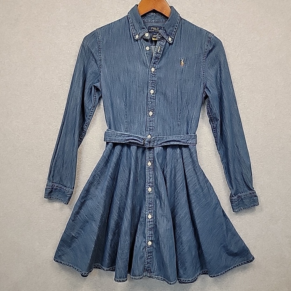 POLO RALPH LAUREN Belted Cotton Denim Shirt Dress Blue Girls Size 16 Flesh Pony